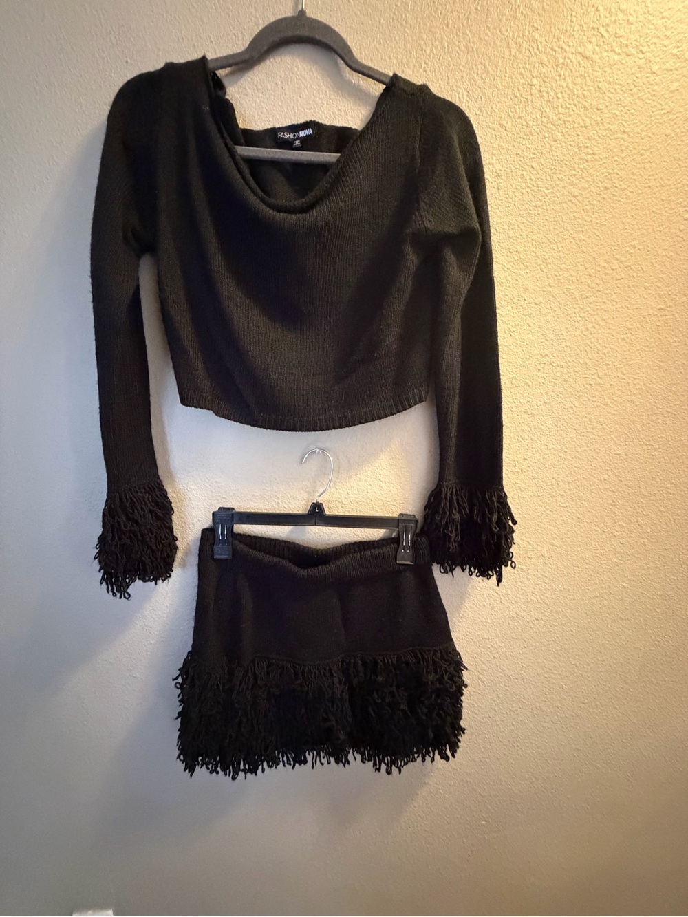 Fashion Nova Black Fringe Knit Mini Skirt Set